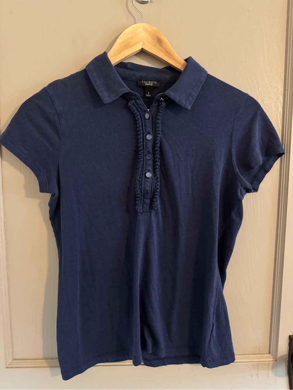 Talbots Navy Short Sleeve Ruffle Polo Top